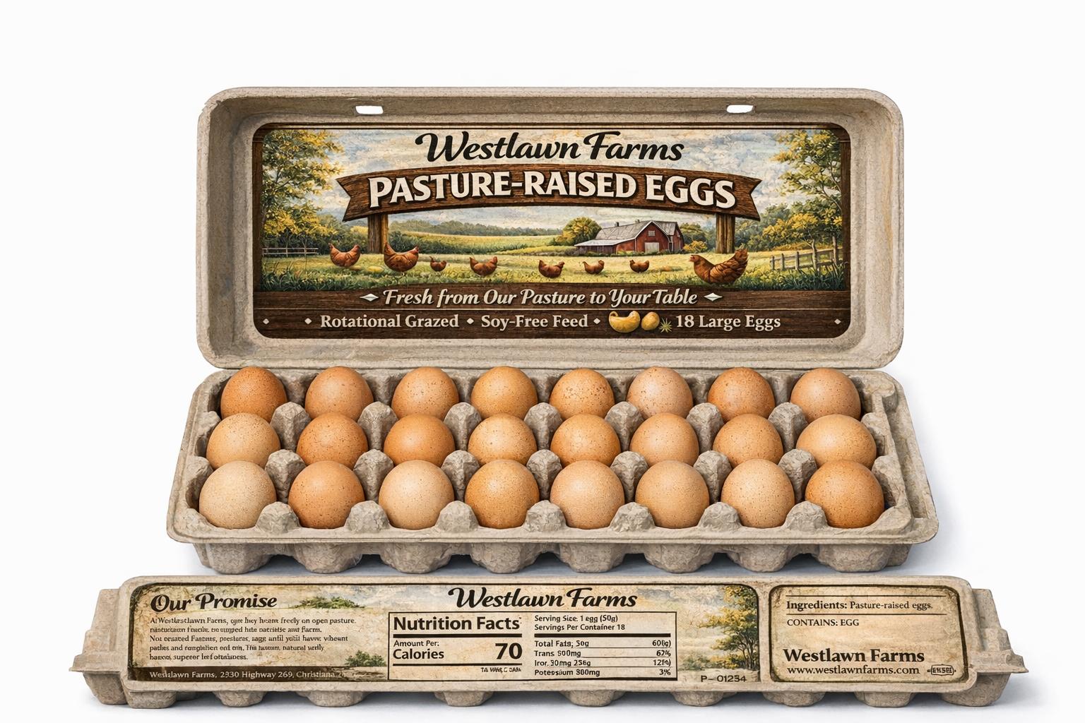Open carton of Westlawn Farms pasture-raised eggs